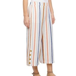 A.N.A High Waisted Stripe Linen Wide Leg Crop Pants Hem Buttons beachy boho